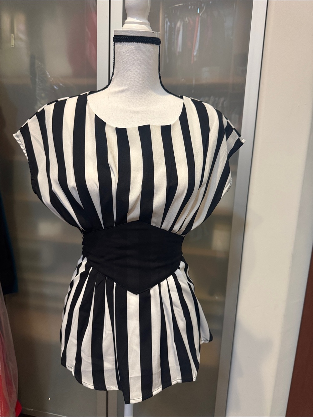 Black & White Vertical Stripe Mini Dress with Cinched Waist